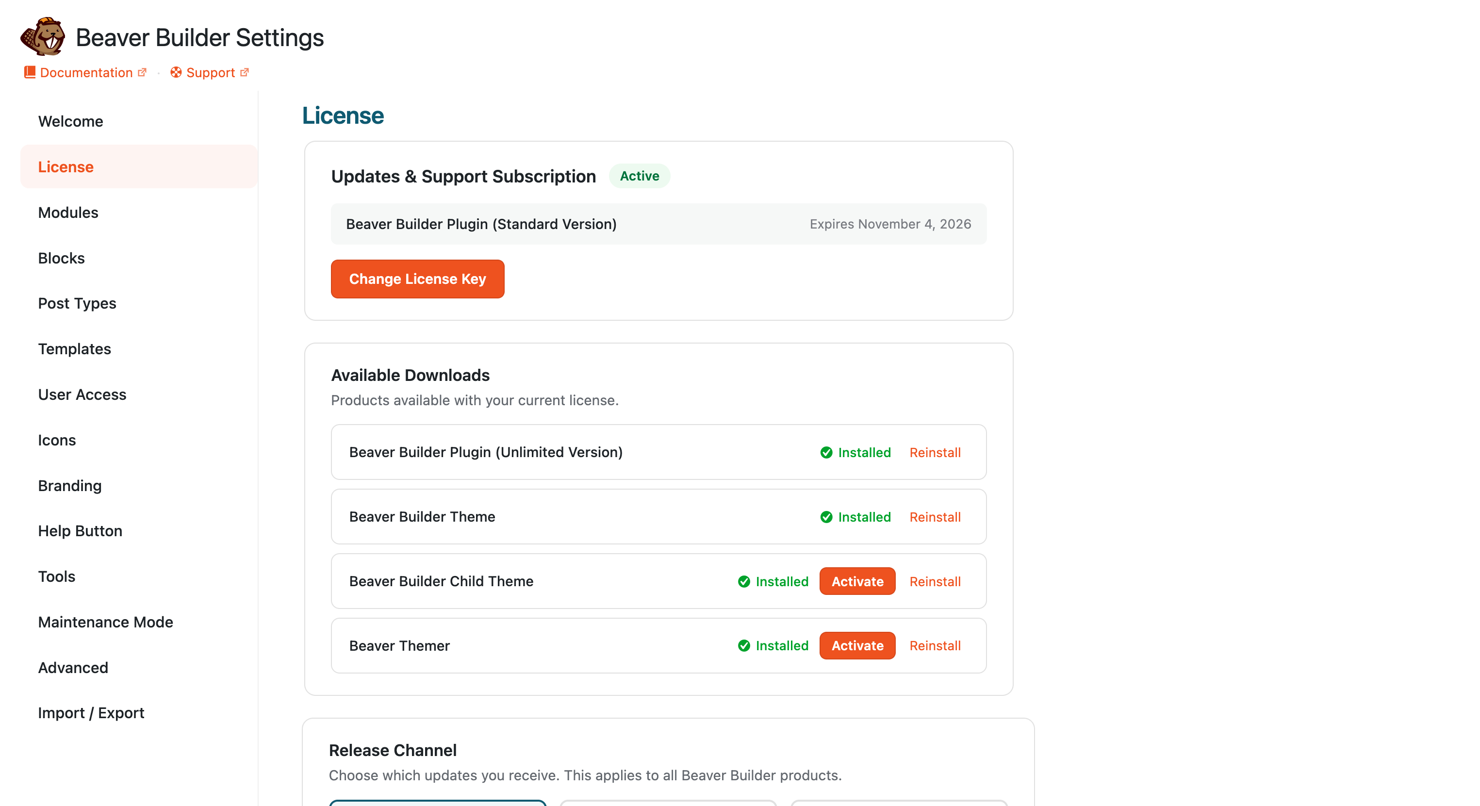 Access the Beaver Builder setting's license tab